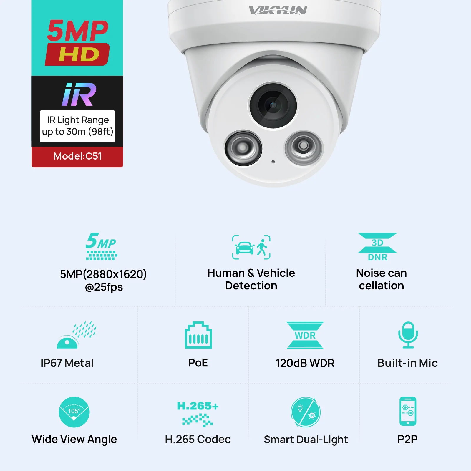 VIKYLIN 5MP IR Light IP Camera Outdoor POE H.265 Onvif Wide Angle 2.8mm AI Humanoid Detection Home CCTV Surveillance Camera