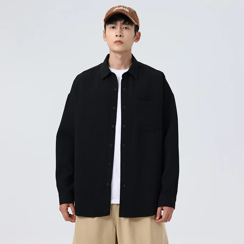 2025 Autumn Wrinkle Resistant Shirt For Men White Black Cardigan Casual Versatile Long Sleeve Shirt Jacket