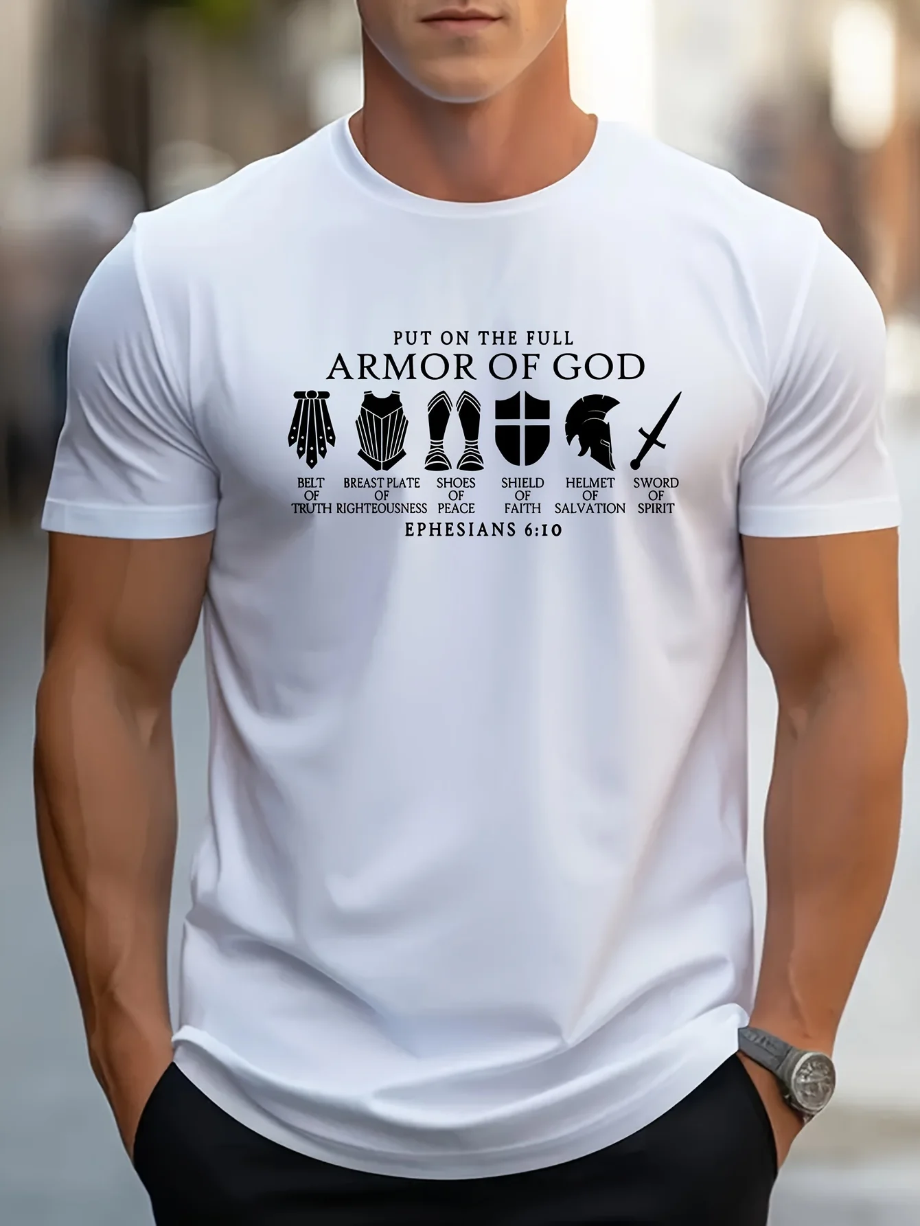 

Мужская футболка с рисунком «Put on the Full Armor of God» — уличный стиль, удобный круглый вырез, стандартный крой, лето