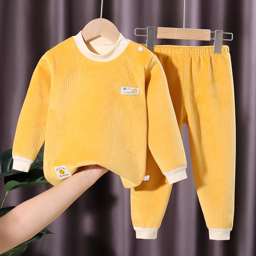 0-8Y Boys Autumn Winter 2PCS Loungewear Set Plus Velvet Contrast Kid Boys Pullover Soft Warm Elastic Waist Baby Boys Pants Suit