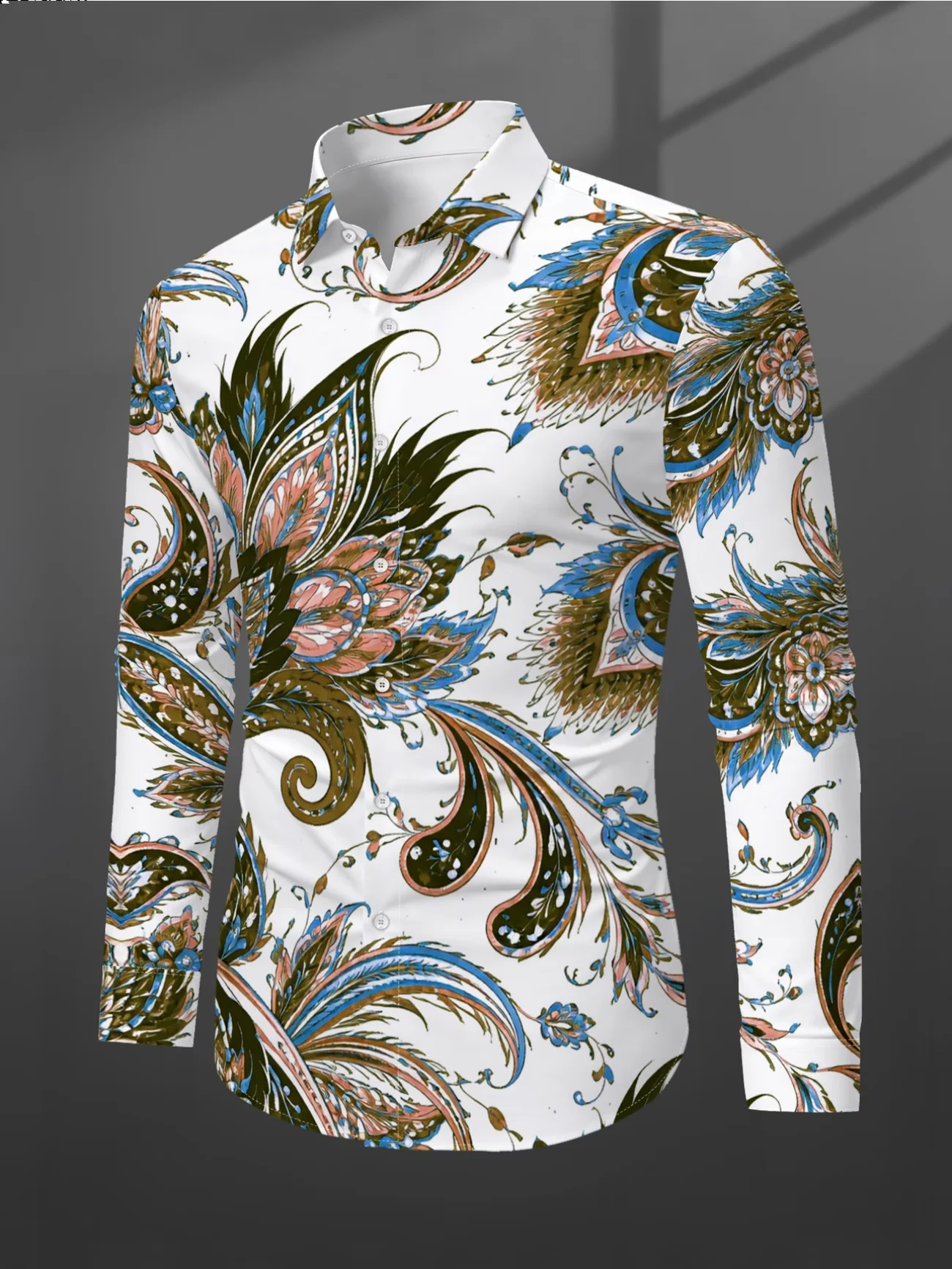 

New white background retro paisley cashew flower print men's long sleeved shirt vacation style casual flower shirt