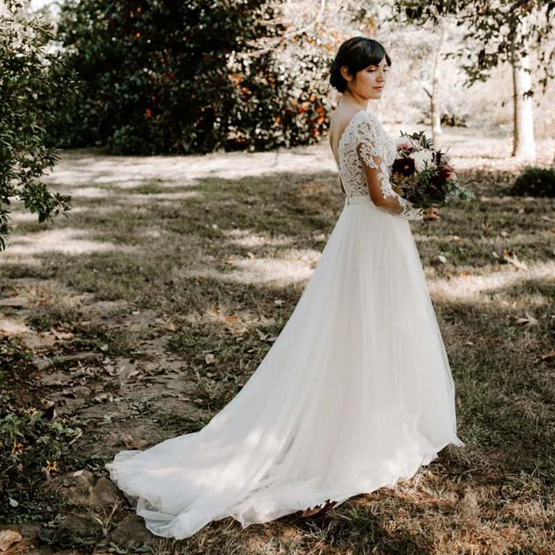 10927 #   Vestido de novia bohemio personalizado con apliques de encaje, corte en A, tul, manga larga, cola de barrido, hecho a medida