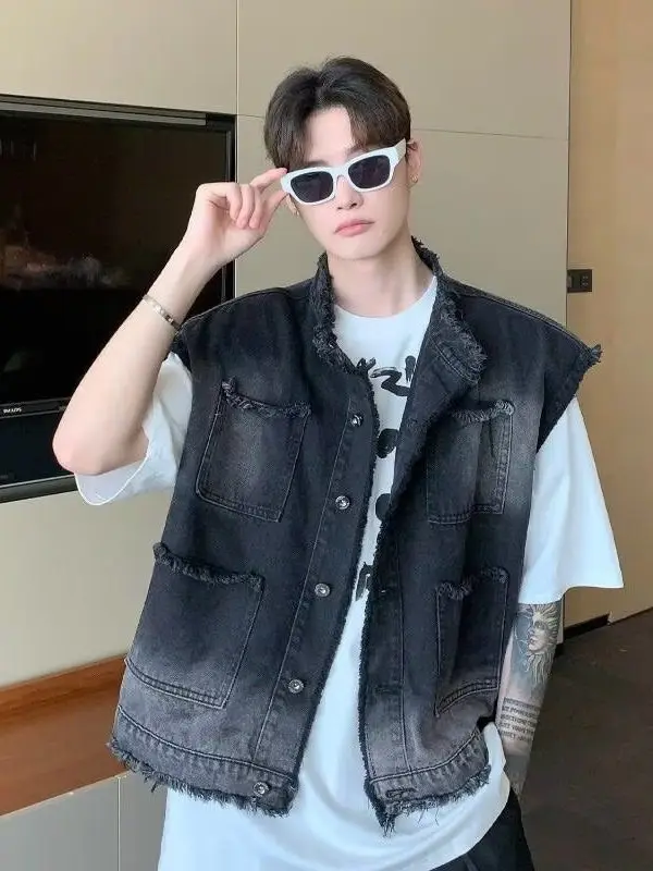 

American Retro Denim Vest Men's ort Summer Frayed Design High-End Feeling Cool Casual Svel Jaet Trendy
