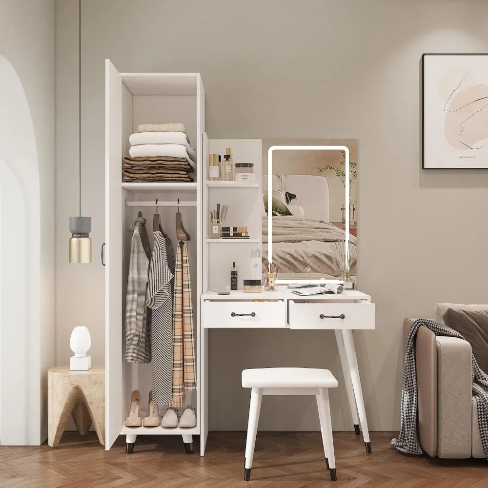 طاولة مكياج مضاءة مع محطة شحن ومكتب أبيض وخزانة ملابس صغيرة ودرجين