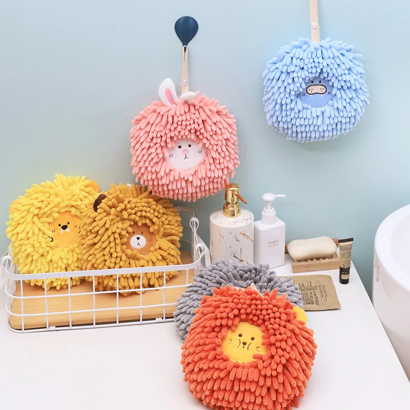 Cute Cartoon Chenille Hand Towels Kitchen Bathroom Hand Towel Ball with Hanging Loops Quick Dry Soft Absorbent Towels