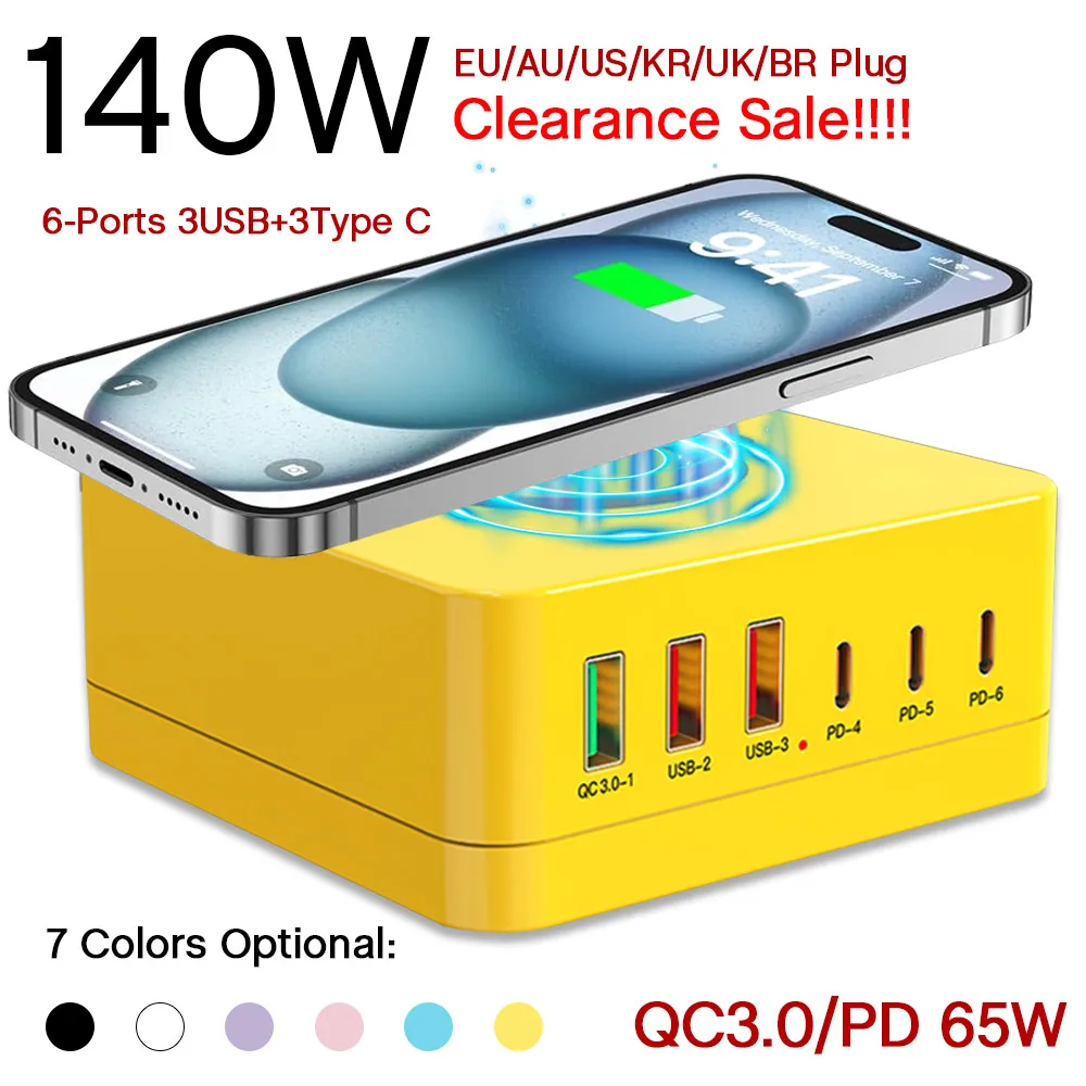 

# Низкая цена, суперзарядные устройства QC3.0 + PD65W, 140 Вт, 6 портов, быстрое зарядное устройство с беспроводным зарядным устройством 15 Вт для Magsafe iPhone