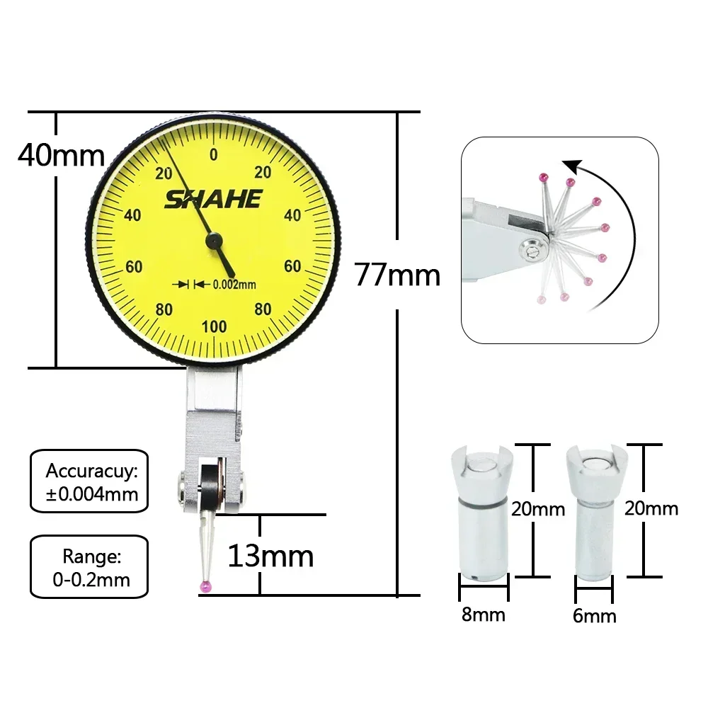 Shahe Tools 0-0.2 mm 0.002 mm Dial Test Indicator With Red Jewel Dial Gauge Indicator Tool Measurement Instruments