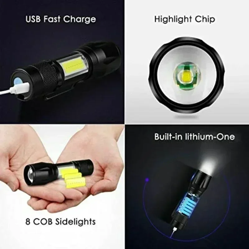 Mini Portable LED Flashlight USB Rechargeable Small Pocket Light Built In Battery Fixed Focus Zoomable Camping Searching Lantern