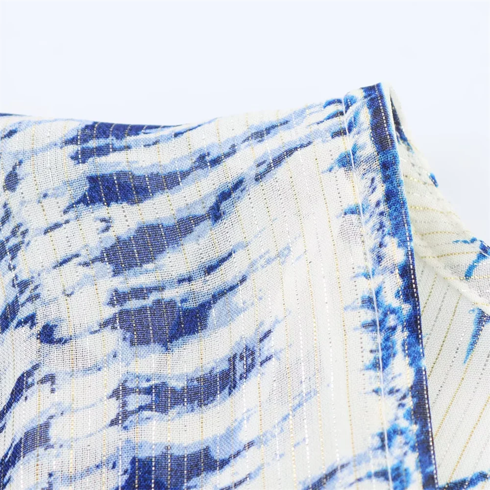 BM & MD & ZA2025 خط ذهبي مطبوع على شكل حرف v وأكمام طويلة فستان فضفاض غير رسمي متعدد الاستخدامات تنورة قصيرة ملابس نسائية صيفية جديدة #4