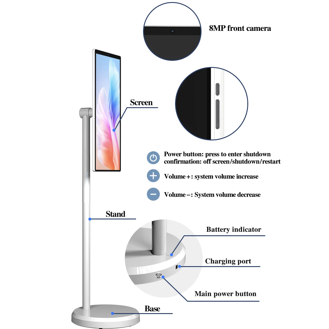 تلفزيون بشاشة لمس متحركة 21.5 بوصة شاشة ذكية عالية الدقة بالكامل باللون الأبيض 4 جيجابايت + 64 جيجابايت تلفزيون ذكي على عجلات تلفزيون محمول للترفيه #3
