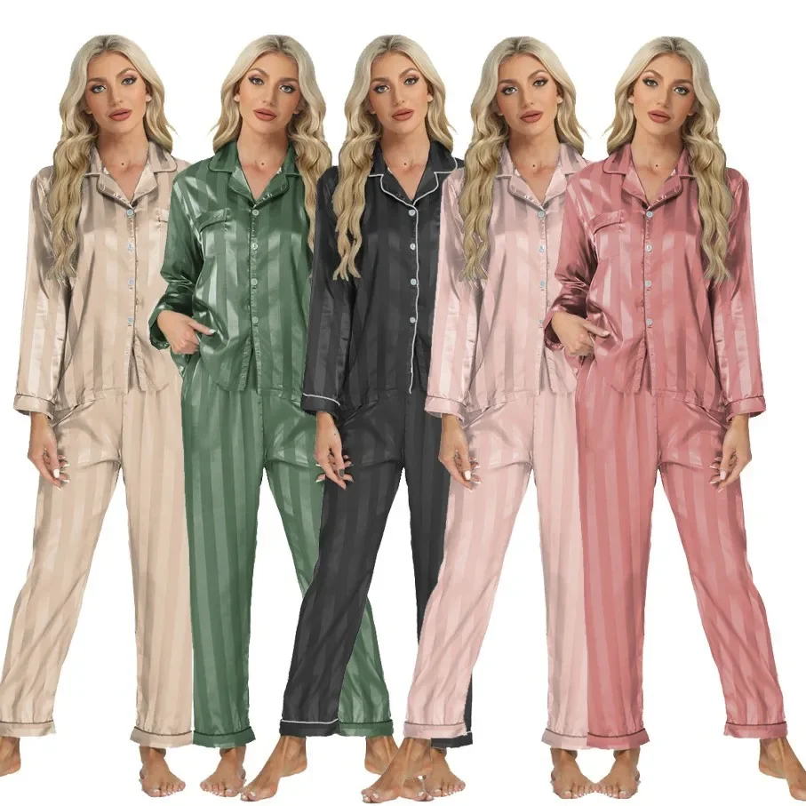 New Female Long Sleeve Pajamas Two-Piece Set Stripe Ice Silk Home Clothes Sleepwear Spring Loose Trouser Pijamas Suit Loungewear