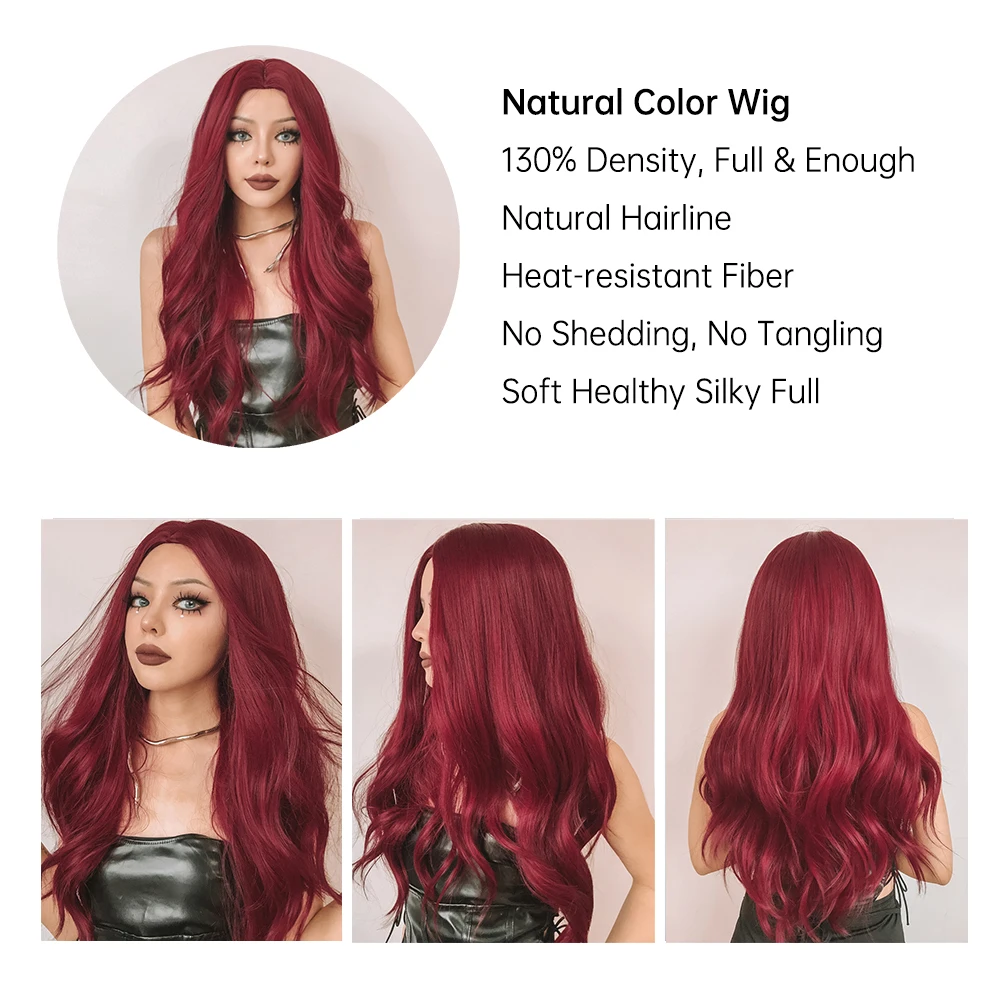 HENRY MARGU Red Long Wavy Wig for Women Cosplay Wig with Bangs Red Natural Wavy Synthetic Heat Resistant Wig for Daily Party Use