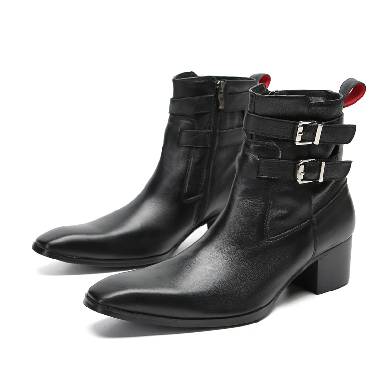 Sapatos Masculinos Mens Ankle Boots High Heels Black Genuine Leather Double Buckle Shoes Men Business Office Party Boots Cowboy