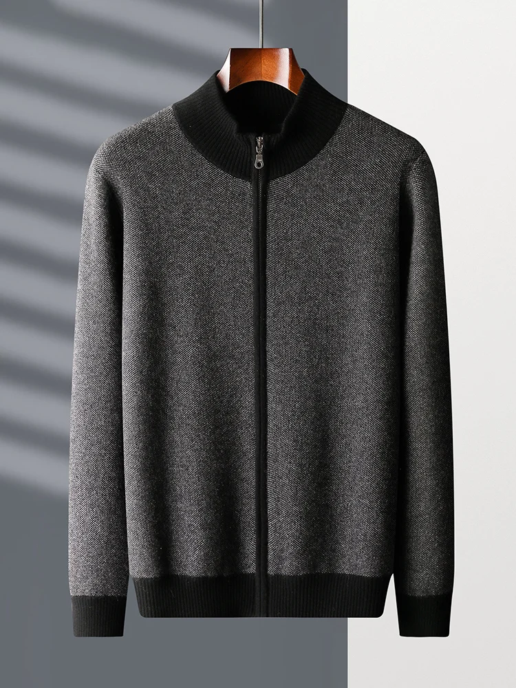 

Autumn Winter 100% Goat Cashmere Men's Zipper Knit Cardigan Swearter Mock Neck Sweater Thick Business Casual Outerwear Jackets