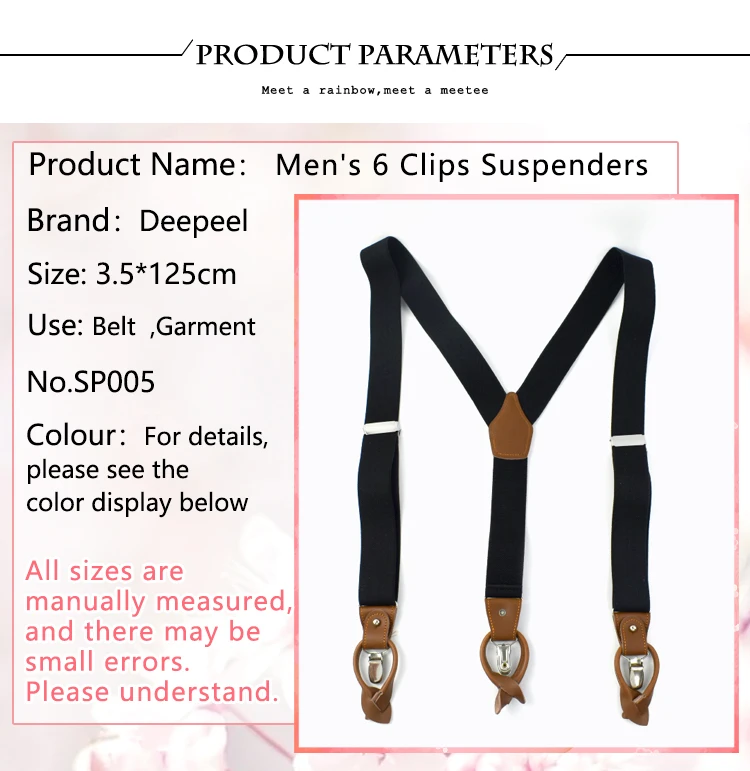 Deepeel 3,5 x 125 cm Hosenträger für Herren und Erwachsene, 6 Clips, elastisches Band, Knopf, Hosenträger, lässig, für Herren, Hemd, Jeans, Suspensorium, Hosenträger – Detail 5