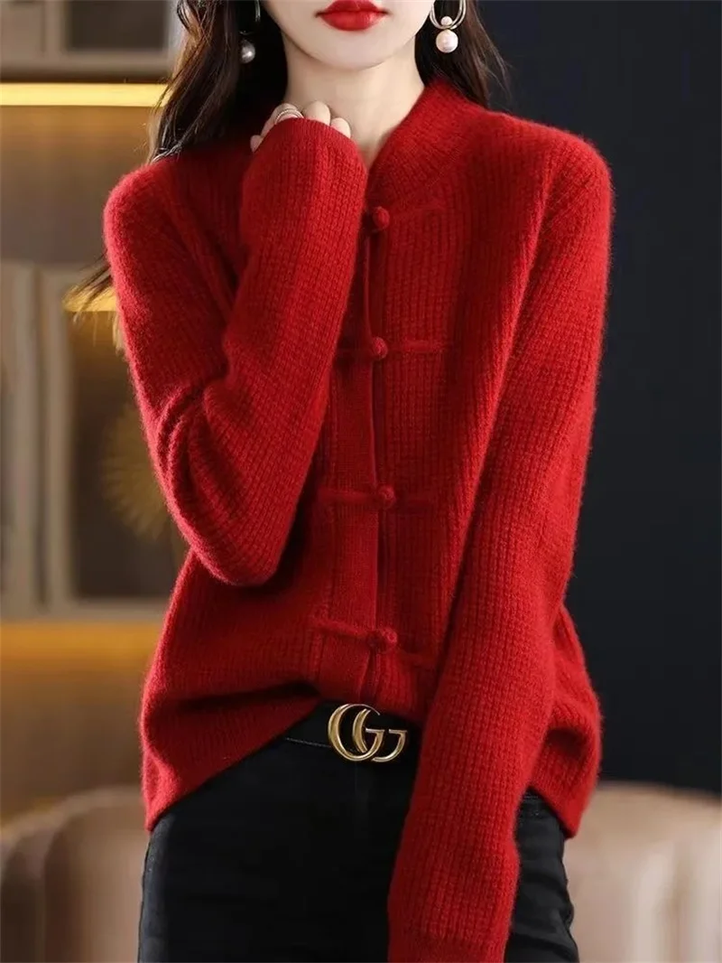 Knitted Sweater Cardigan Women\'s 2023 New Autumn/winter Stand Collar Retro Buckle Loose Fitting National Style Sweater Jacket To