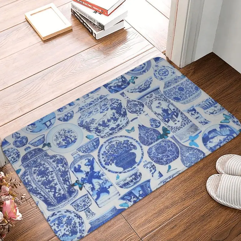 Felpudo con diseño de jarrones de porcelana china azul Delft, alfombra antideslizante para baño, cocina, dormitorio, balcón, suelo, puerta, alfombra de entrada