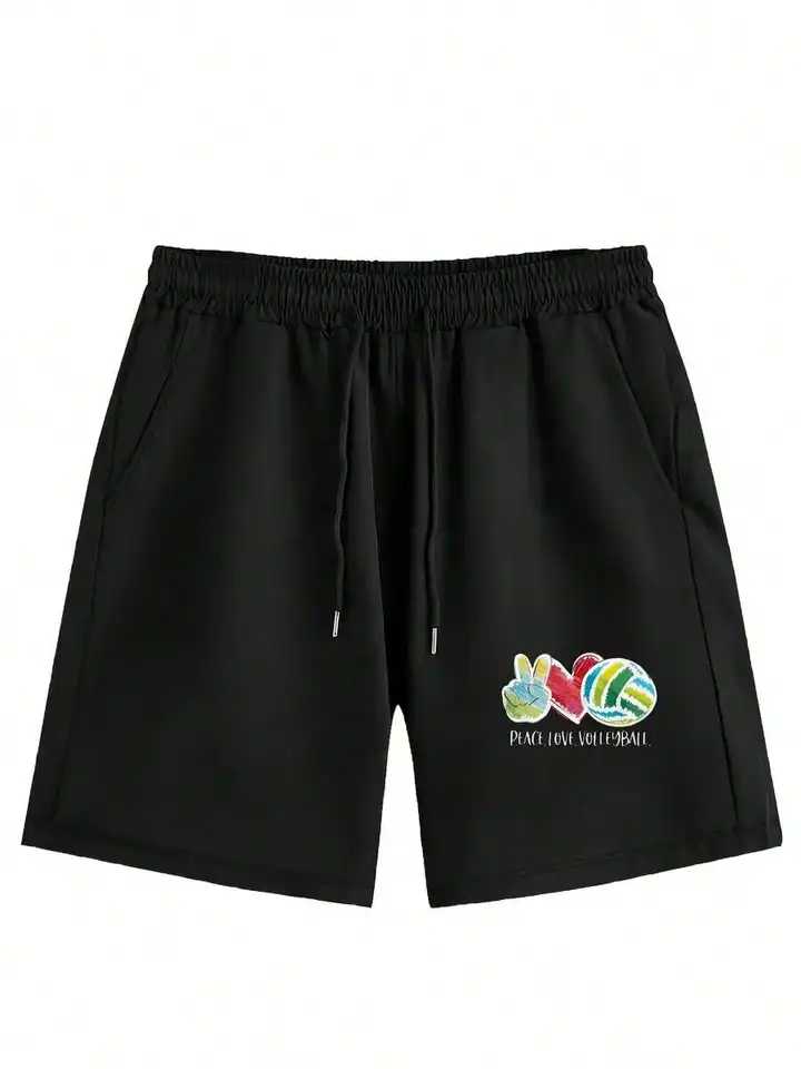 Mens Black Casual Volleyball Graphic Print Shorts