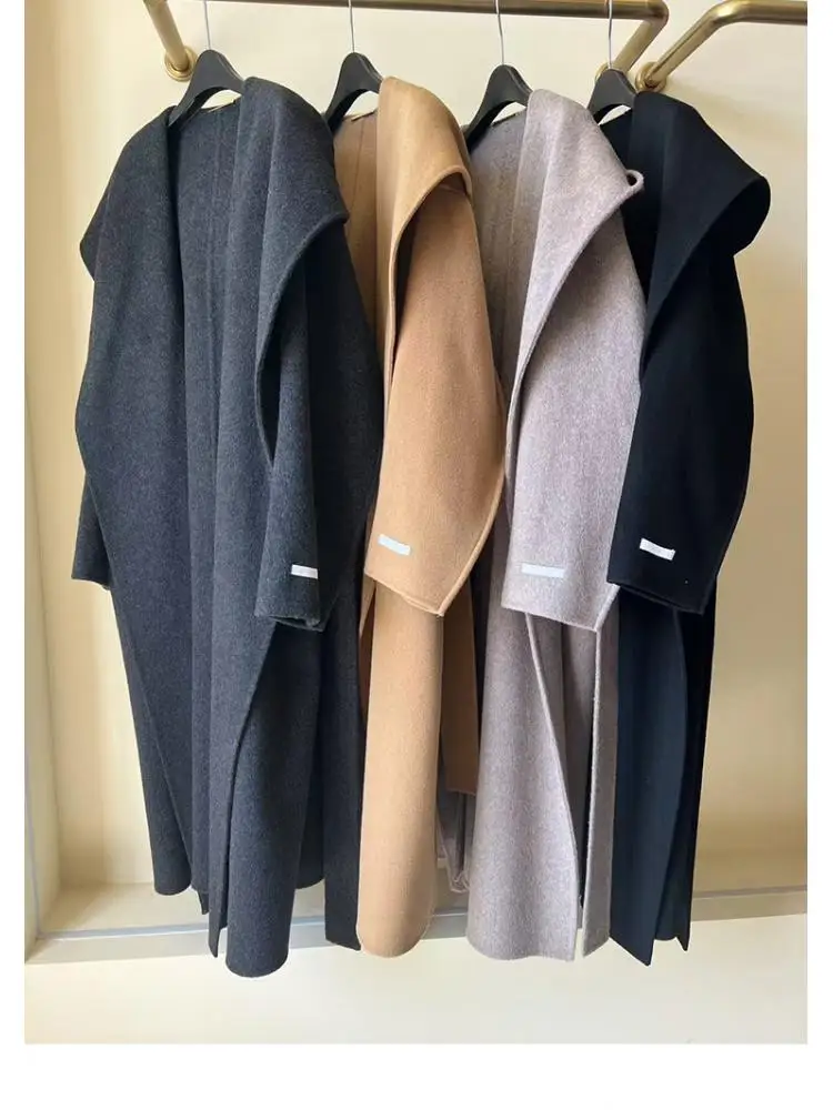 オフィスレディカシミヤ混紡ウールフード付きジャケット2025秋冬ルーズバスローブレースアップタイレディースロングウールコート