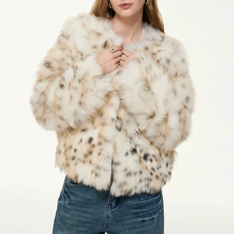 French Vintage Leopard-print Faux Fur Coat Women Warm Loose-fitting Long Sleeve Jacket High Quality Faux Fur for Winter