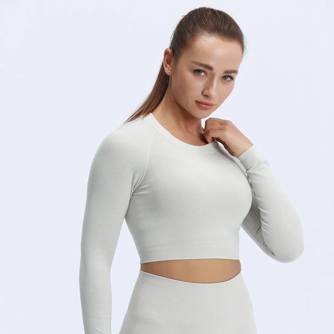 Nepoagym ACTING Basic Women Cropped Seamless Top Slick Soft with Scrunch on Back Long Sleeve Crop Workout Shirts for Sports Gym