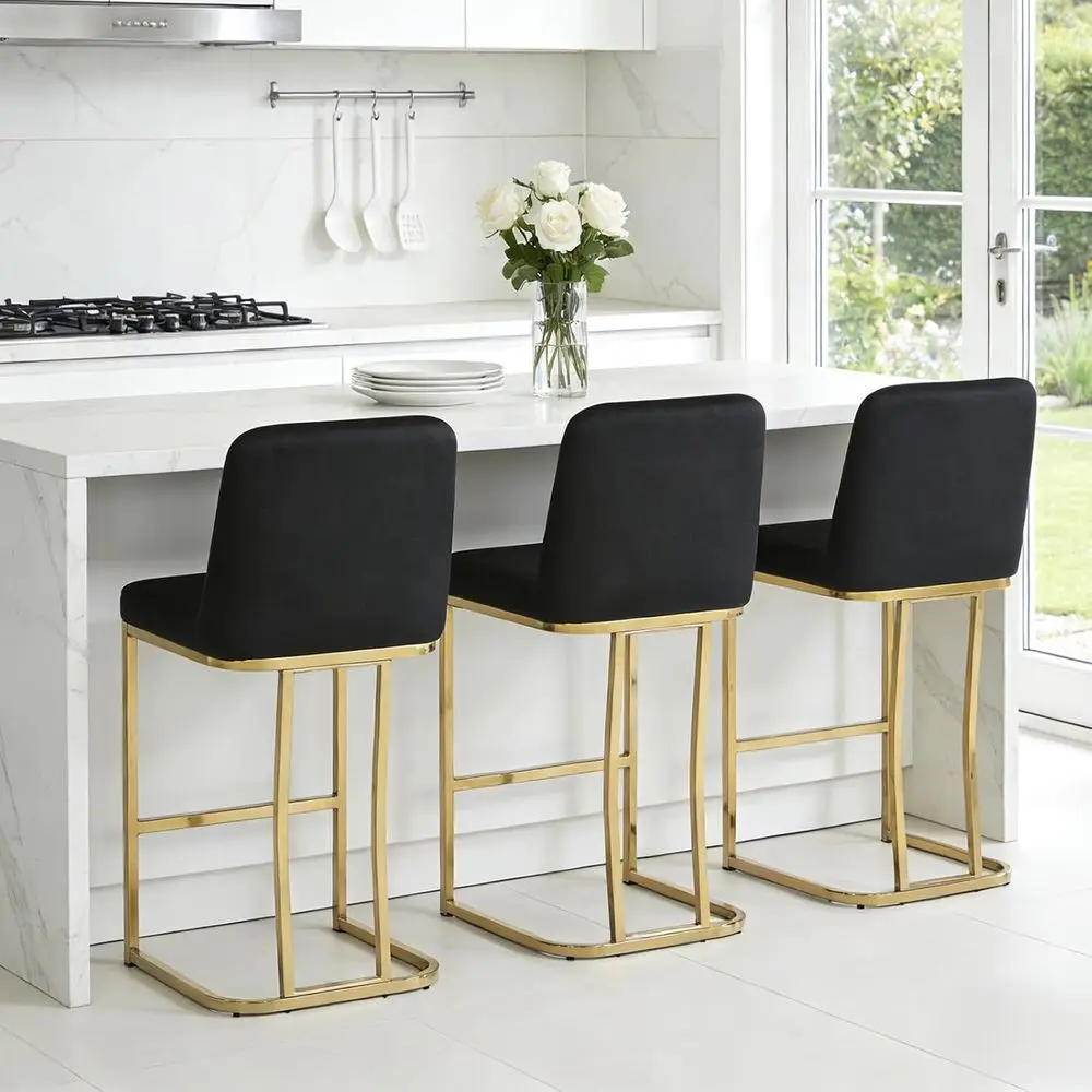 

Set of 3 Velvet Upholstered Counter Height Bar Stools with Back Support for Kitchen Island or Dining Room, Black