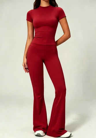 Soft Seamless Yoga Outfits Women Slim Fit Short Sleeve Tee High Rise Flared Leggings Sport Gym Two Piece Set