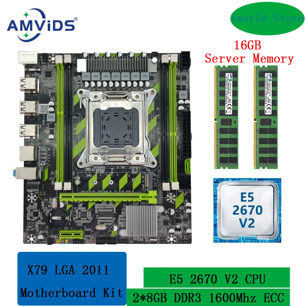 

AMViDS X79 Kit XEON Motherboard with Intel E5 2670 V2 CPU and 2*8GB DDR3 1600MHz RECC Memory Combo LGA 2011 Set M.2 NVME