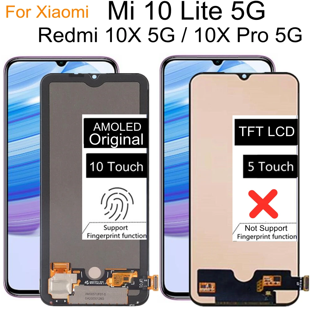 6.57  TFT Screen For Xiaomi Redmi 10X Pro 5G M2004J7BC LCD DisplayTouch Screen Digitizer For Mi 10 Lite 5G M2002J9GLCD Display