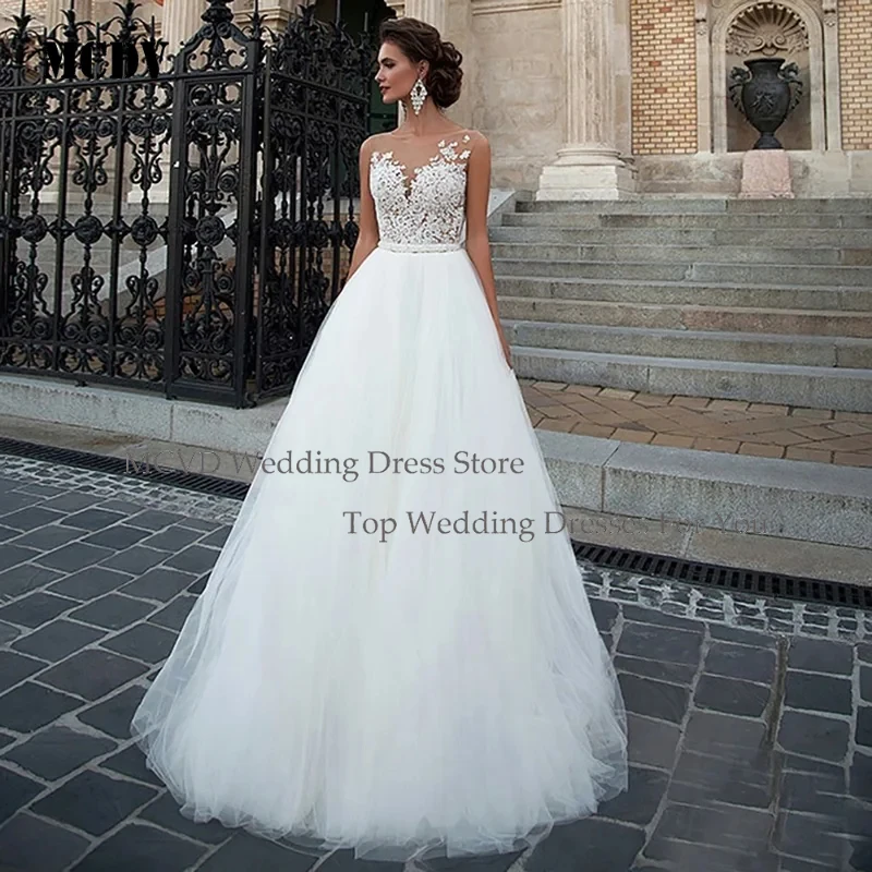 

MCDV Boho Wedding Dresses Elegant Lace Appliques Illusion Neck Long Sleeveless A Line Tulle Bridal Gown Custom Made to Order