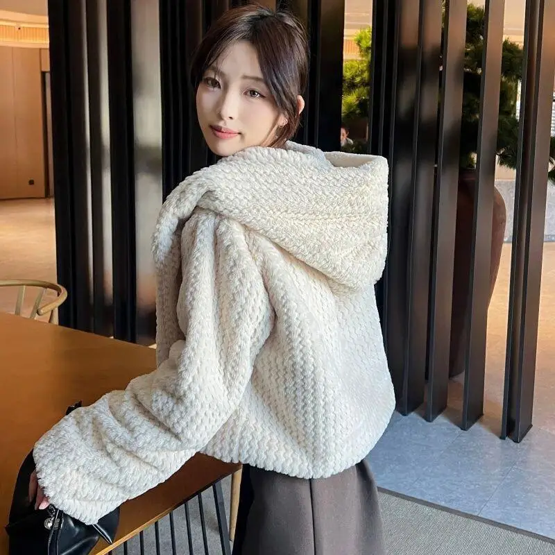 

Women's Winter Coat Autumn Winter New Double Sided Knit Hooded Short Korean Style Rabbit Fur Coat For Young Women Casual