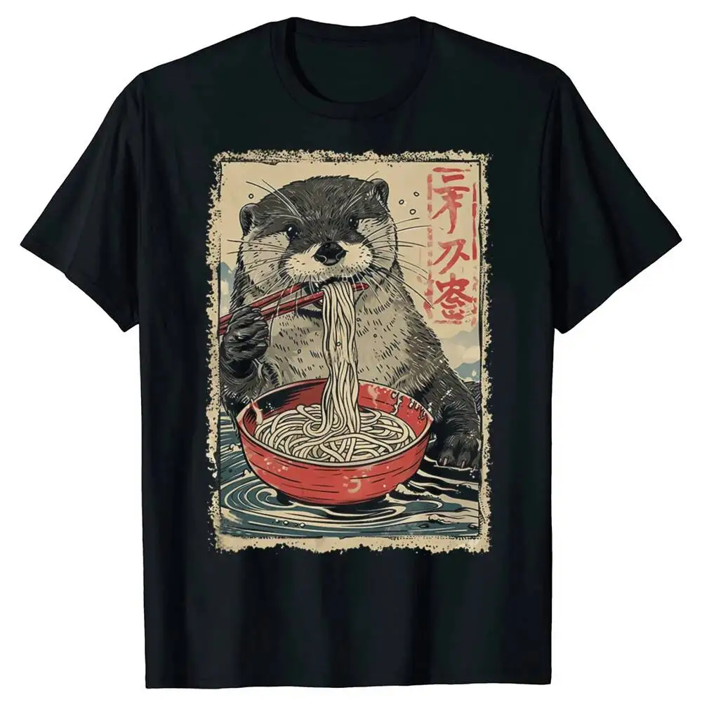 Funny Otter Eating Ramen Anime Graphic T-Shirts Women's Fashion Tshirt Shirt Summer Aesthetic Clothes Personality 100% Cotton