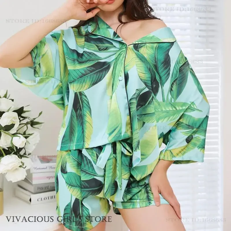 

Print Green Leaf 2PCS Pajamas Set Summer New Women Sleepwear Lounge Wear Loose Silk Satin Short Sleeve Pijamas Suit Home Clothes
