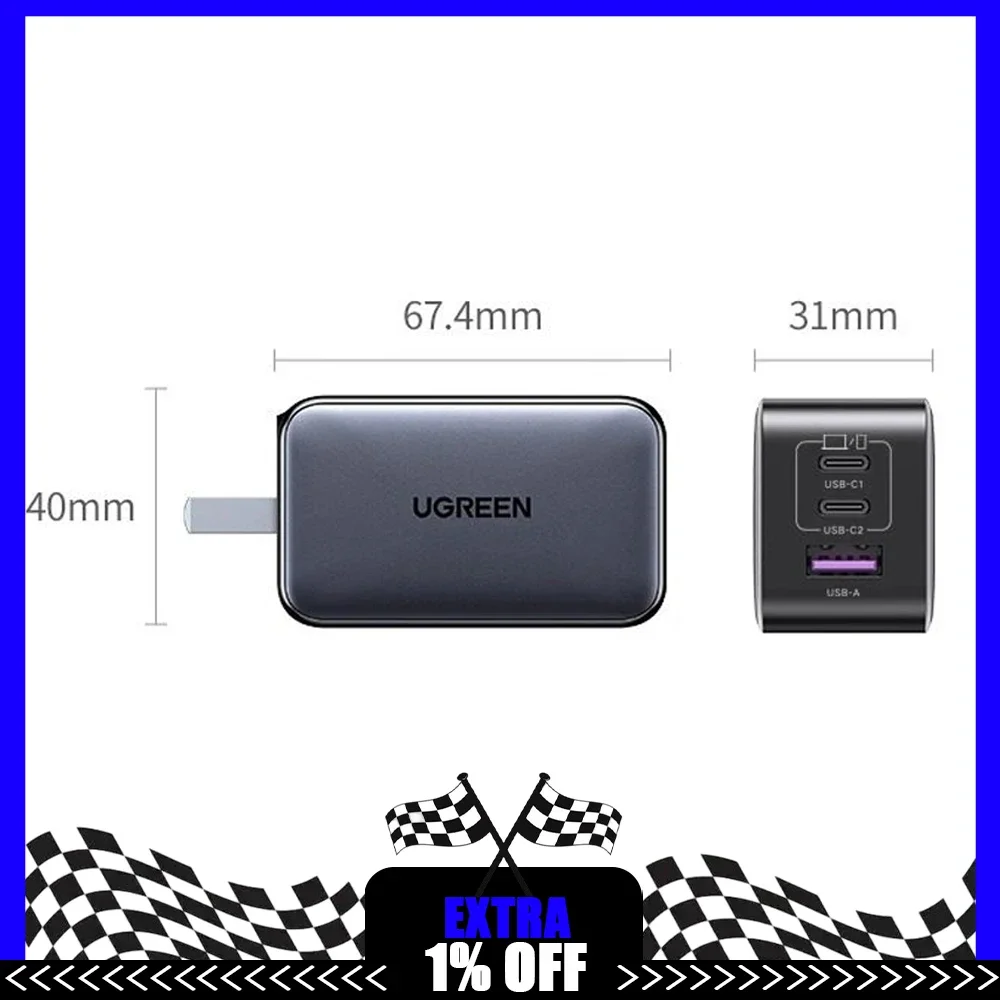 Cargador UGREEN GaN de 65W con Carga Rápida 4.0 y 3.0, Cargador USB C para iPhone 17, 16, 15 Pro Max, Laptop, Macbook Air, Tablet, Cargador Rápido PD
