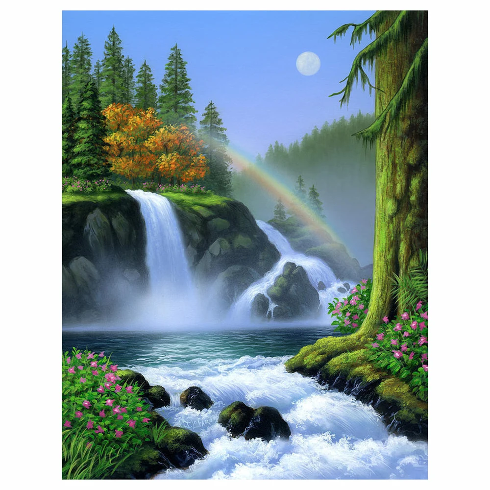 LZAIQIZG 5D Diy Diamond Painting Moon Rising Waterfall Diamond Embroidery Landscape Cross Stitch Handicraft Decoration For Home