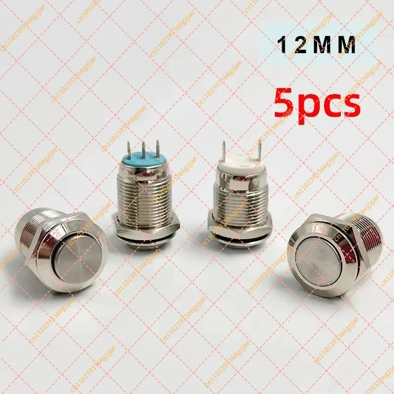 5pcs 12mm Metal Push Button Switch Self-Locking Latching Momentary Waterproof High Flat Round 2/3 Pin Nickel Plated