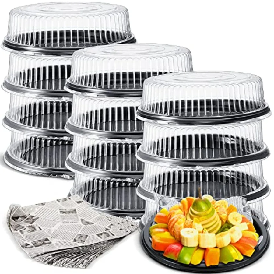 

12 Pack Heavy Duty Repeatedly Plastic Serving Tray with Lid and 24 Pcs Deli Wax Paper Sheets Sets Large Party Platters with Cle