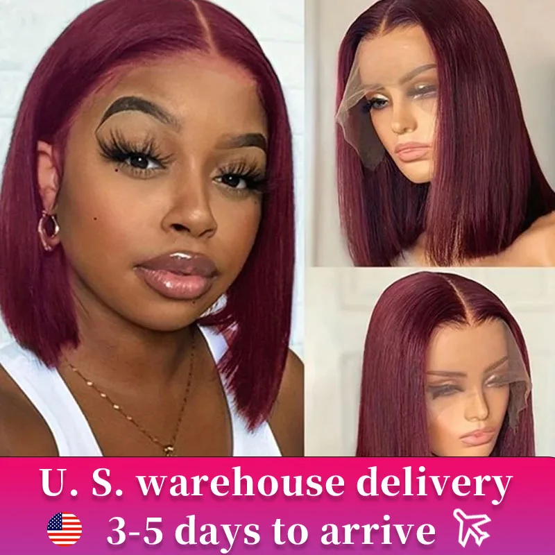 Wig Bob lurus rambut manusia 100% 99J Wig Bob tanpa lem warna Burgundy Wig depan manusia renda lurus Brasil