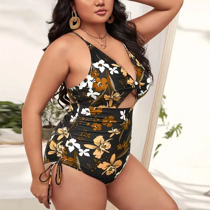 2023 New Sexy One Piece Swimsuit Big Size Fat Woman One-piece Bikini Vintage Print Drawstring Tie Up Hanging Swimwear Plus Size