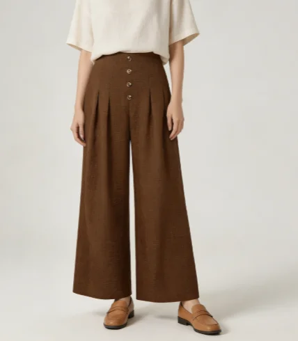 Women Solid Brown High Waist Wide‑Leg Pants Front Button Pleated Long Trousers