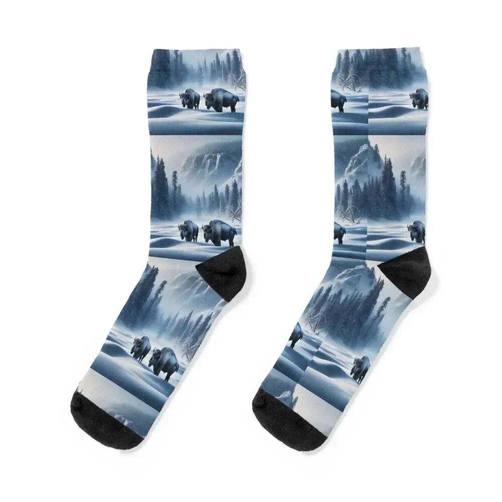 Bison Braving the Snow in a Misty Winter Landscape Socks halloween snow winter gifts summer Man Socks Women's