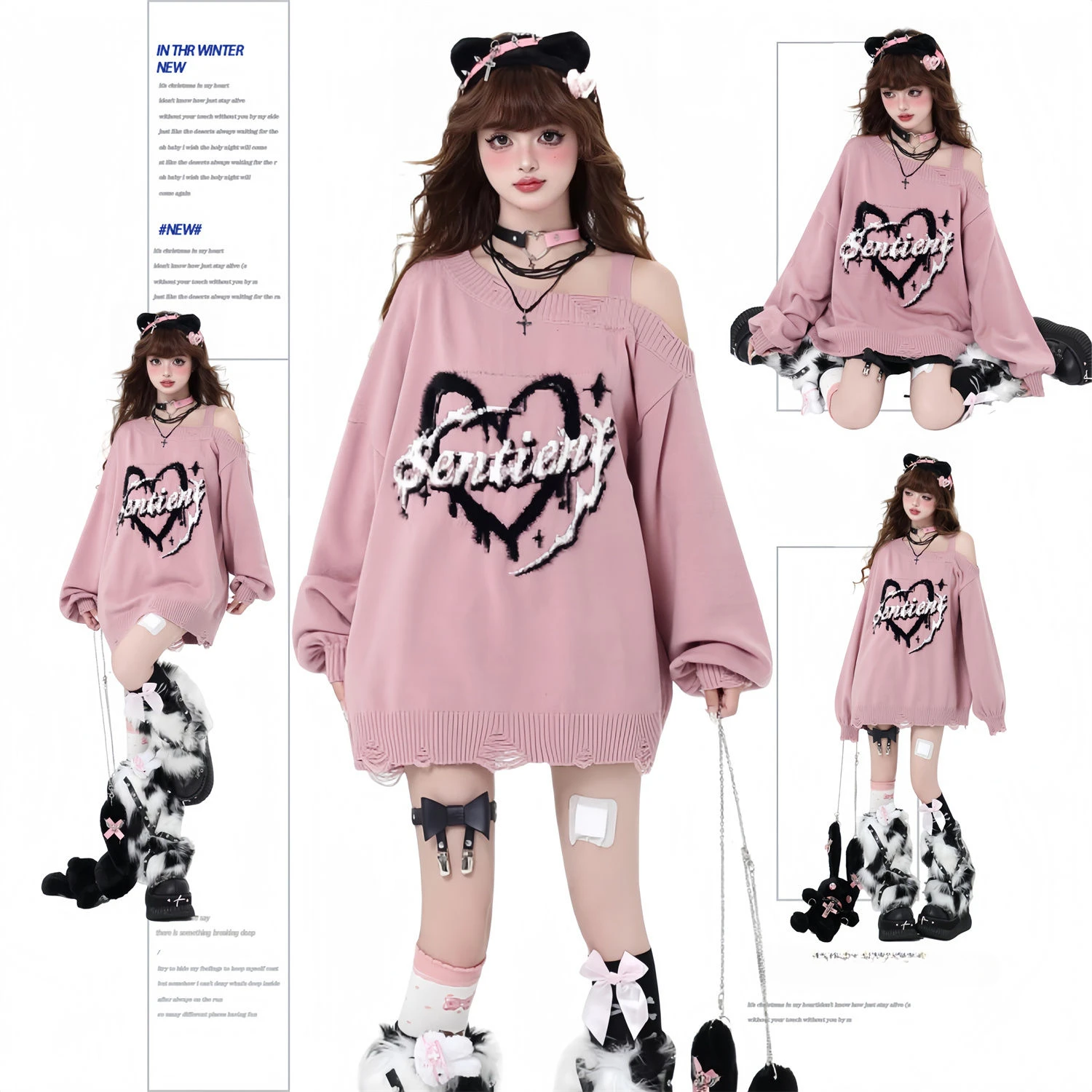 Autumn Winter Coat Gothic Sweater Knitted Pullover Harajuku Y2k Tops Grunge Strapless Loose Girl Streetwear Aesthetics Jumper