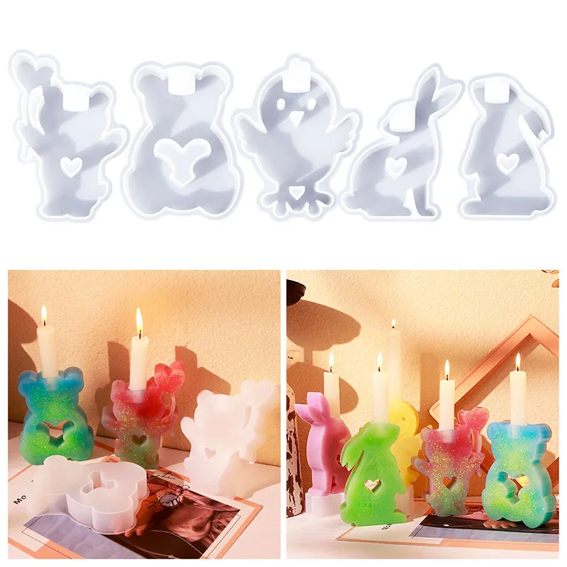 DIY Animal Candle Holders Silicone Molds Bunny Bear Chicken Kawaii Home Deco Resin Mold Scented Candles Gypsum Cement Mold