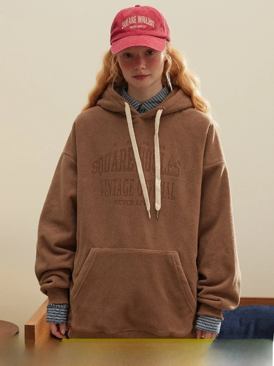 American Style Fleece Hoodie Set for Women Couple Retro Autumn Square Hole Trendy Sweatshirt Cotton Casual Sportswear