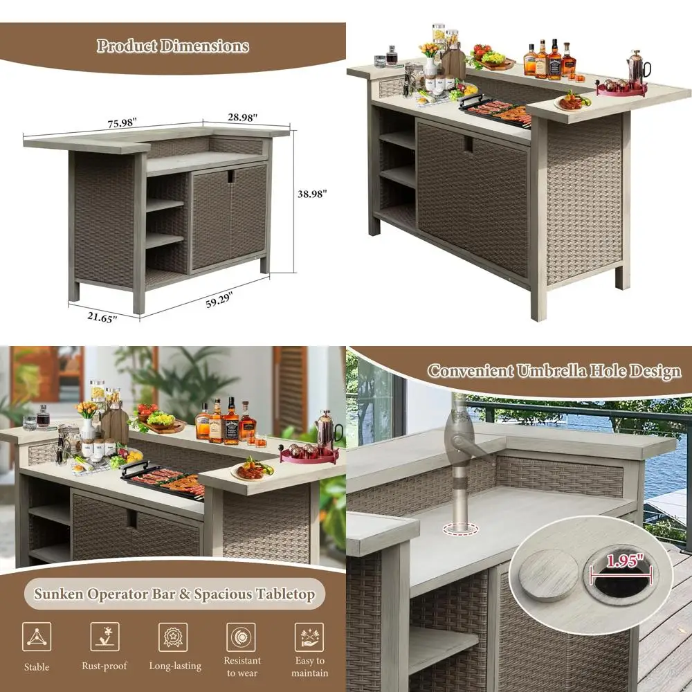 

Уличная тележка-бар из ротанга с тумбой, всепогодное хранилище для патио, кухни или бара, отделка под дерево