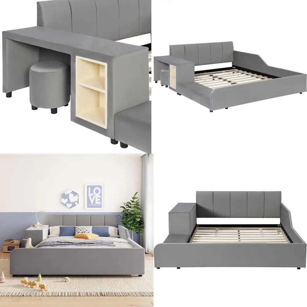 

Queen Size Velvet Upholstered Bed with Desk and Stool, Suitable for Kids, Teens, and Adults, Grey