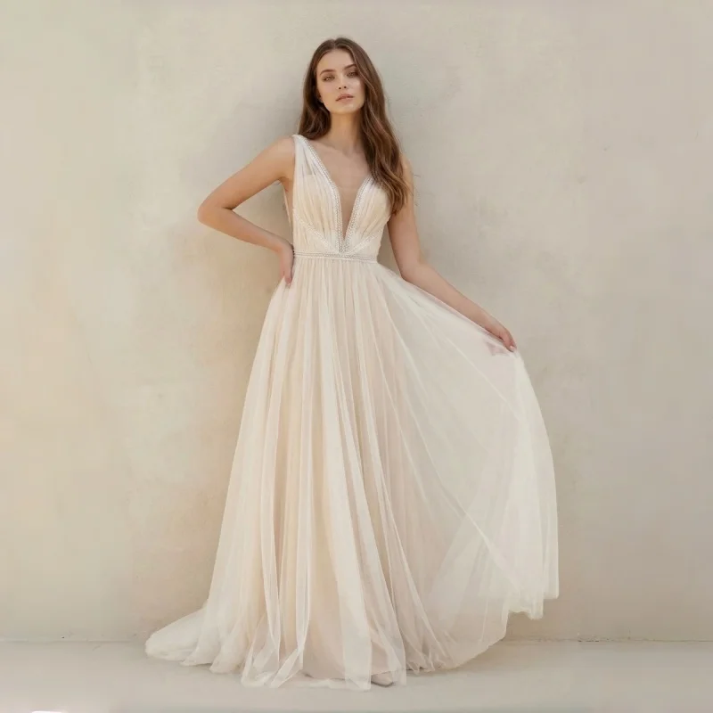 

French Luxury Beaded Deep V Tulle A-Line Double Beaded Straps Beaded Waistband Sweep Train Customizable