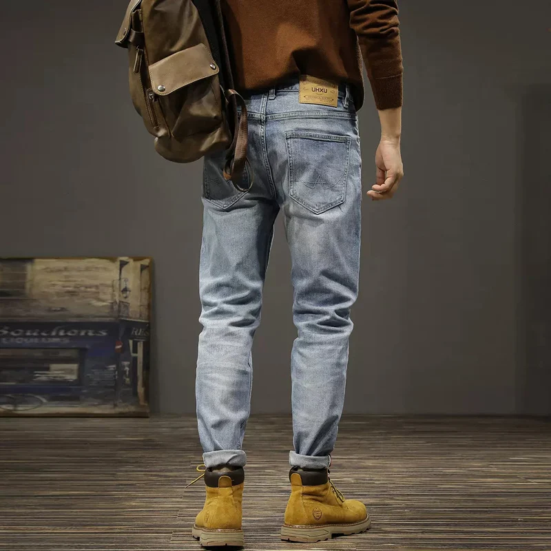 Fashion Designer Men Jeans High Quality Retro Blue Elastic Slim Fit Ripped Jeans Men Vintage Trousers Casual Denim Pants Hombre