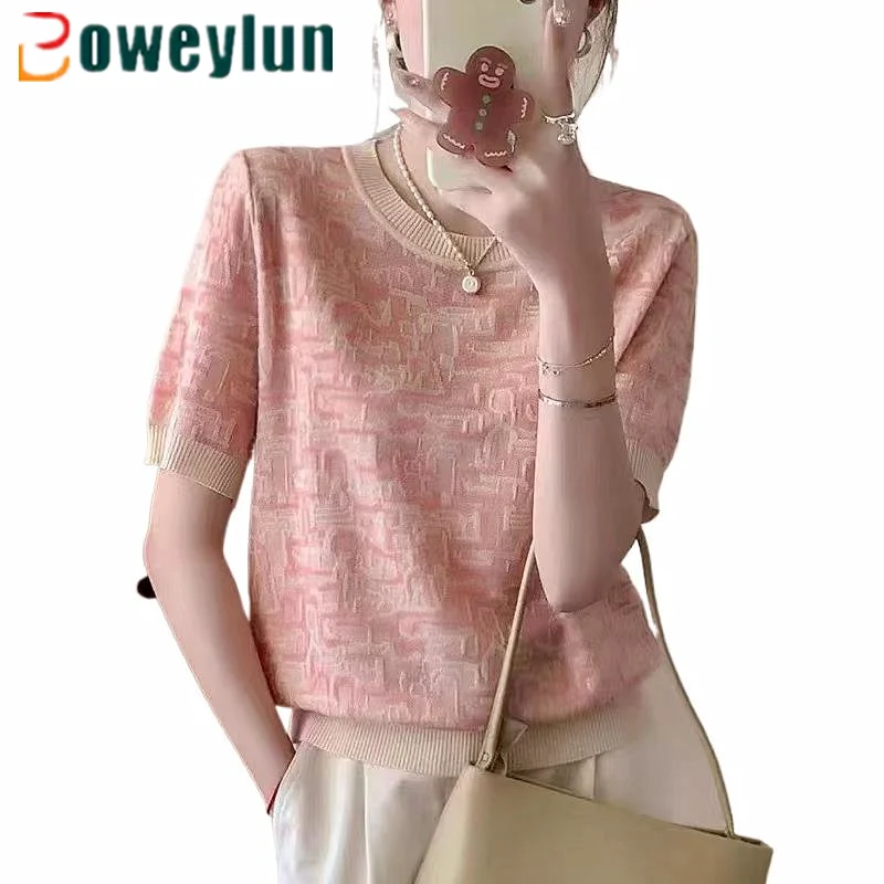 

Boweylun New Ice Silk Casual Round Neck knitwear Fashion Short-sleeved T-shirt Women Summer