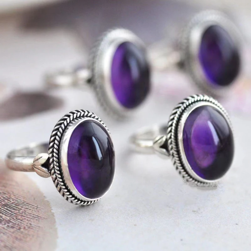 

Creative Design Silver Inlaid Big Oval Purple Crystal Rings for Women Exquisite Vintage Fashion Engagement Jewelry Gift